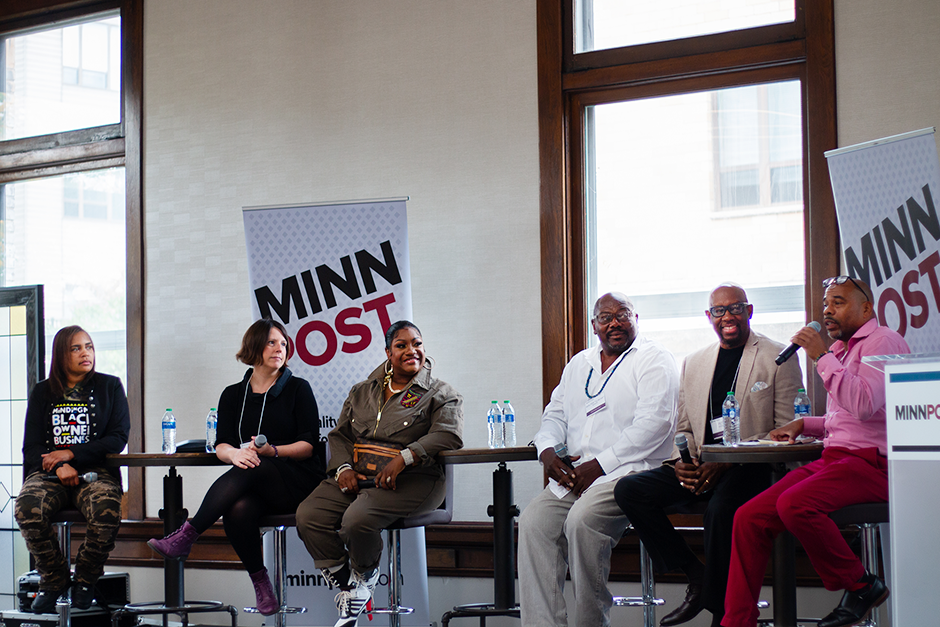 The Minneapolis Sound panel, from left: Nikki “DJ D.I.M.E.” White, Andrea Swensson, Jamecia Bennett, Walter “Q Bear” Banks Jr., Pete Rhodes and moderator Harry Colbert, Jr.