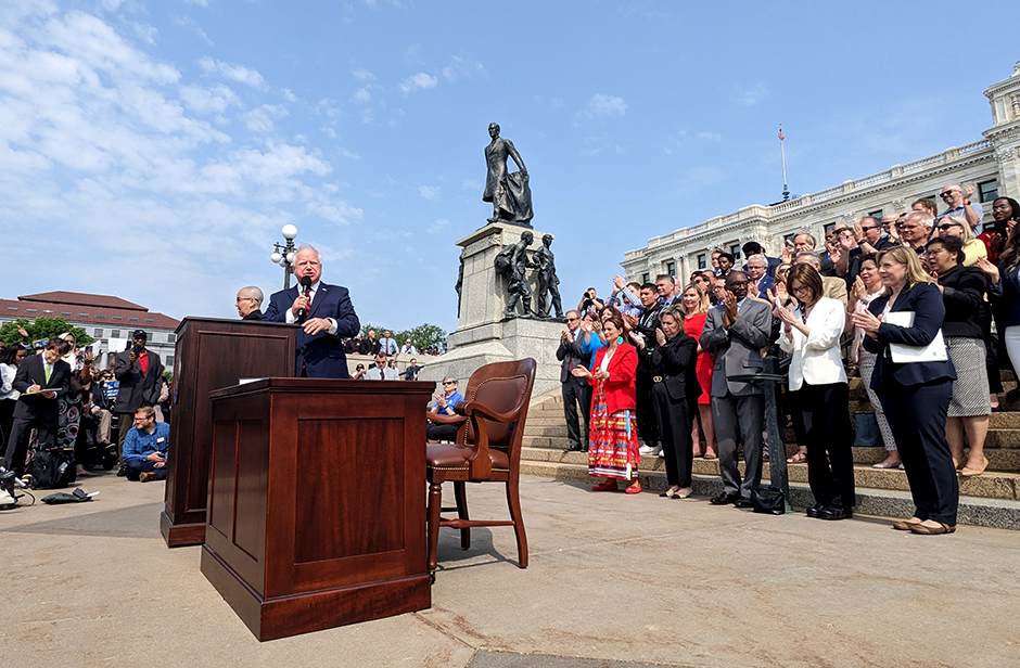 Gov. Tim Walz speaking on the steps of the Minnesota State Capitol on the morning of May 24, prior to multiple bill signings.