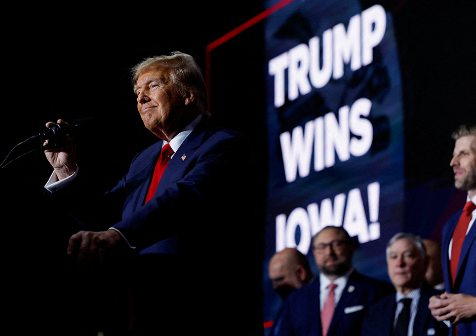 Donald Trump speaking during his Iowa caucus night watch party in Des Moines, Iowa, on Monday.