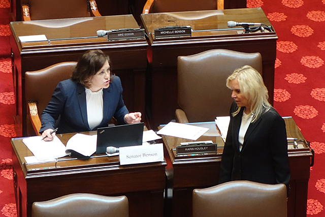Republican Sens. Michelle Benson and Karen Housely shown during yesterday's session.