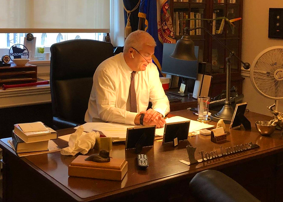 Rep. Tom Emmer shown conducting a telephone town hall in April 2021.