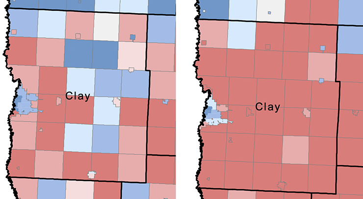 Between the 2012 and 2016 presidential elections, Clay County's rural areas became more conservative as Moorhead remained strongly DFL.