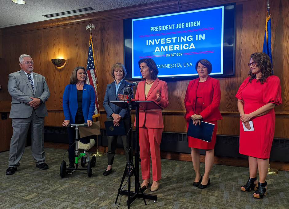 U.S. Commerce Secretary Gina Raimondo talking about broadband at a June 28 press conference in St. Paul with, from left: Brent Christensen, president & CEO of the Minnesota Telecom Alliance; Rep. Angie Craig; Sens. Tina Smith and Amy Klobuchar; and Lt. Gov. Peggy Flanagan.