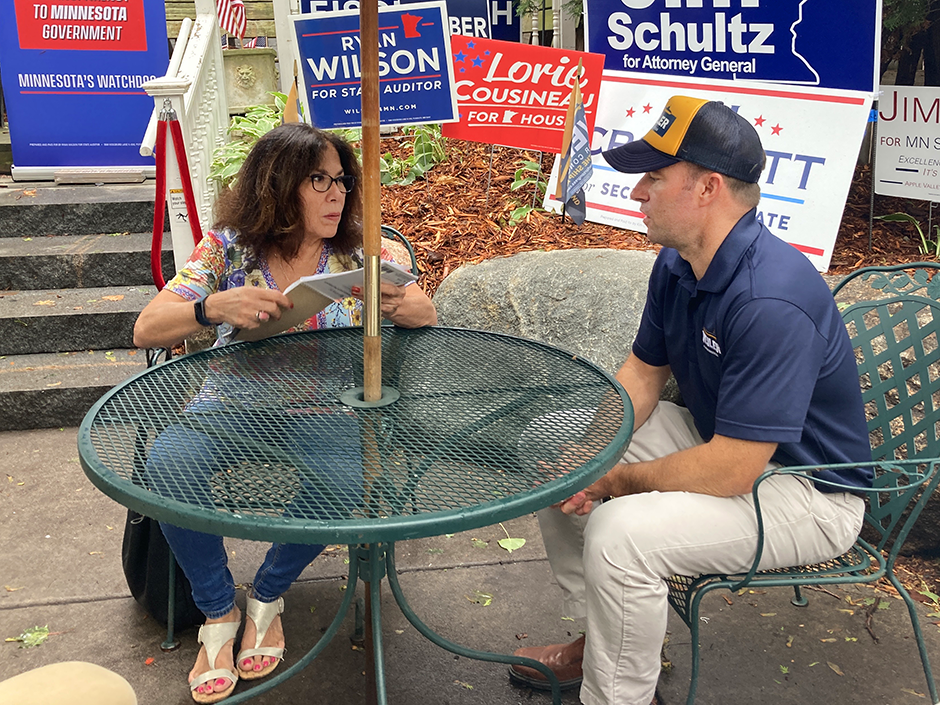 MinnPost reporter Ana Radelat interviews Republican 3rd Congressional District candidate Tom Weiler at the Minnesota State Fair on Aug. 28, 2022.