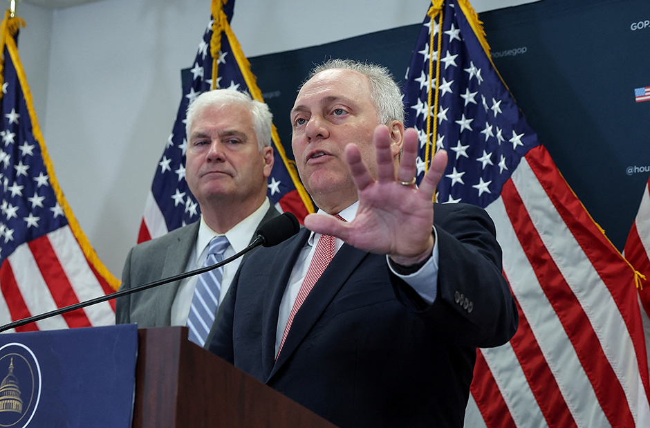 House Majority Whip Tom Emmer and Majority Leader Steve Scalise shown during a July 2023 news conference.