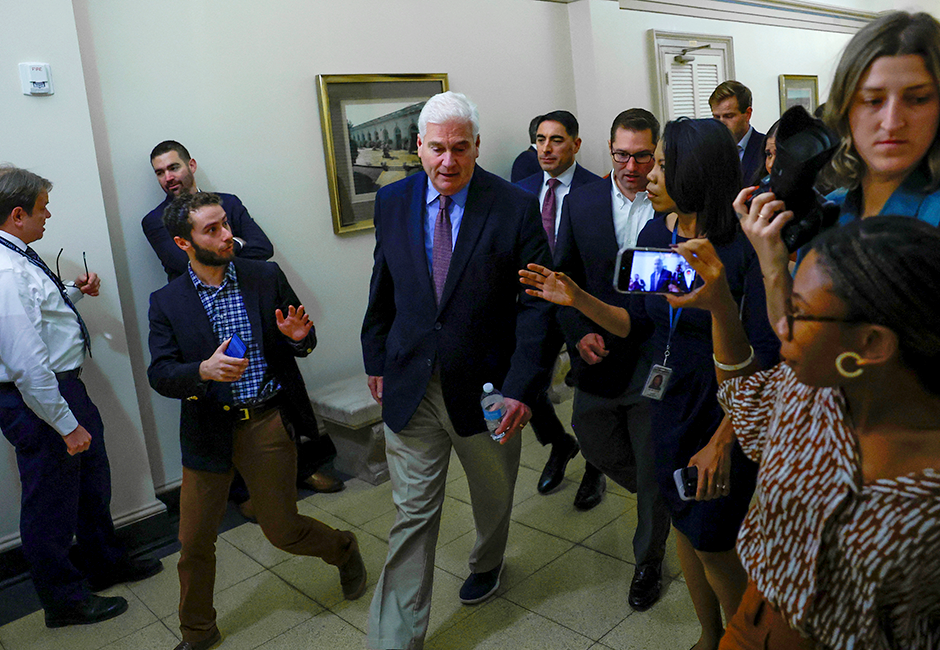 House Majority Whip Tom Emmer talking to reporters as he departs a meeting with the Texas Republican House delegation on Wednesday morning.
