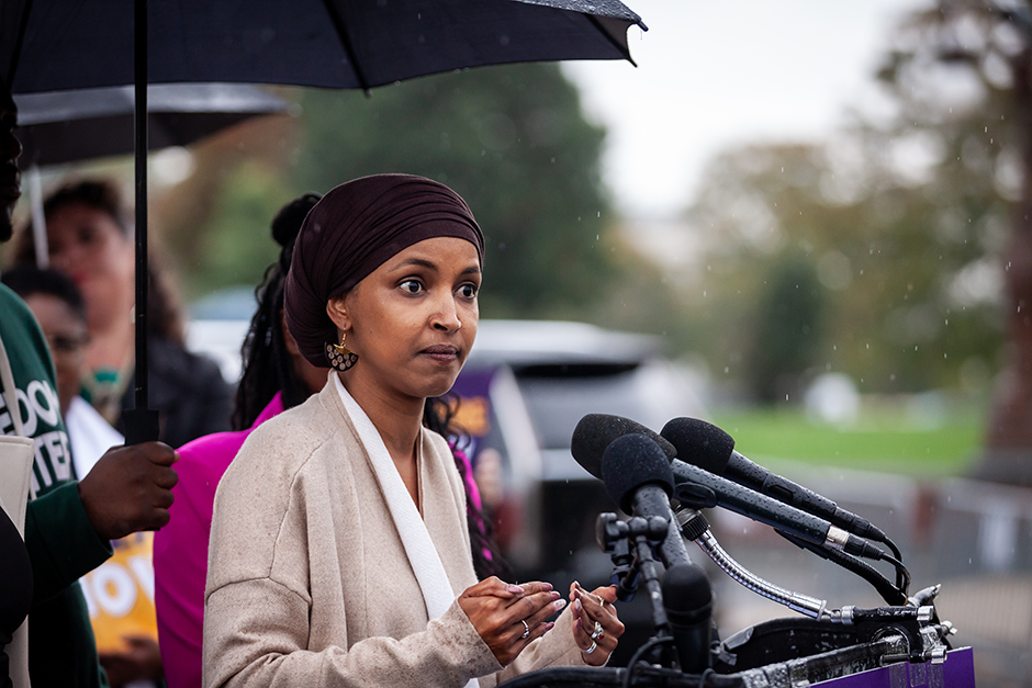 Rep. Ilhan Omar speaking at an Oct. 10 press conference announcing a House resolution calling for a ceasefire in Gaza.