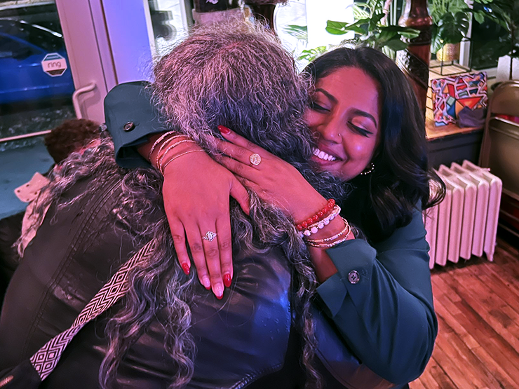 State Rep. Aisha Gomez, left, hugging Minneapolis Ward 12 candidate Aurin Chowdhury at Chowdhury’s election night party.