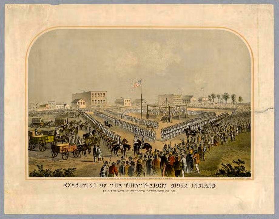 A commemorative print produced by an artist in the aftermath of the execution of 38 Dakota in Mankato on Dec. 26, 1862.
