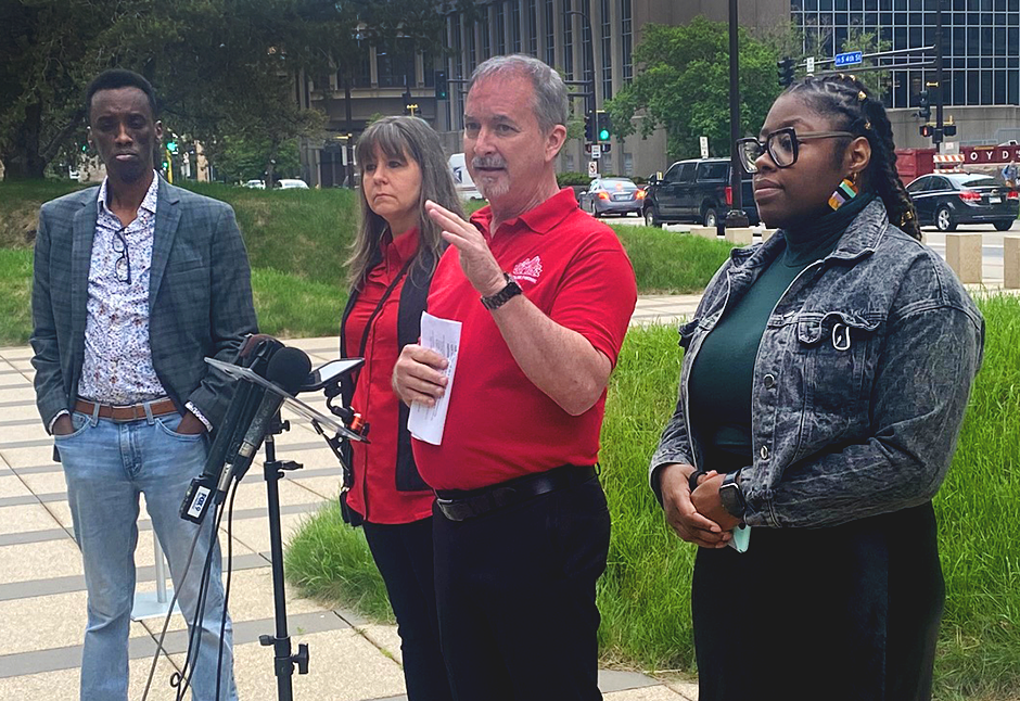 Left to right: President of Minnesota Uber/Lyft Drivers Association Eid Ali; cofounders of Wridz, Donna and Steve Wright; and Ward 2 Minneapolis City Council member Robin Wonsley shown during a Thursday morning press conference in front of Minneapolis City Hall.