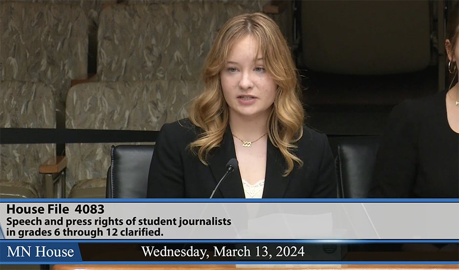 Stella McHugh, the Editor-in-Chief of the Pony Express at Stillwater Area High School, testifying before the House Education Policy Committee on March 13.
