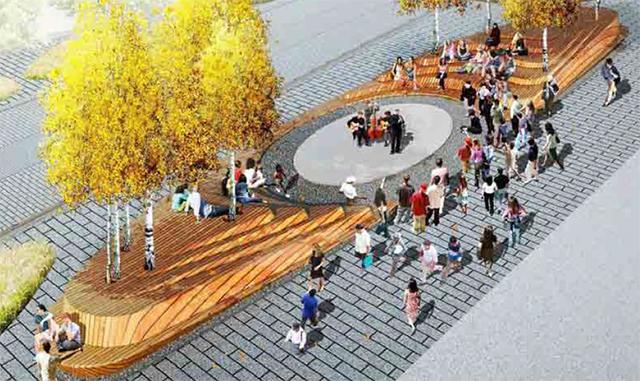 Rendering of proposed theater in the round area of Nicollet Mall.